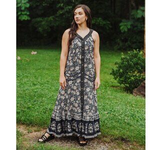 Davi & Dani Retro Floral Maxi Dress pearl snaps Boho